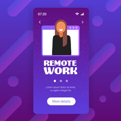Poster - businesswoman having online consultation during video call remote work quarantine isolation concept girl in web browser window smartphone screen portrait vector illustration