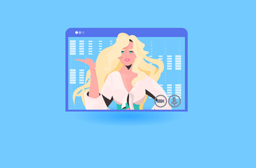 Poster - businesswoman having online briefing or virtual conference during video call remote work quarantine isolation concept business woman in web browser window portrait vector illustration