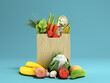 fresh food in a paper bag for products 3d render on blue gradient