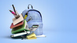 Fototapeta  - online learning concept Blue backpack with school supplies 3d render on blue gradient