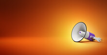 3d Illustration Of Purple Megaphone In An Orange Background, Concept Of Message Announcement And Commercial Communication