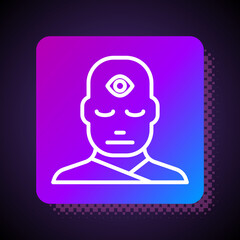 Poster - White line Man with third eye icon isolated on black background. The concept of meditation, vision of energy, aura. Square color button. Vector Illustration.