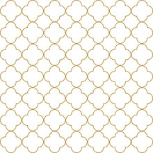 Quatrefoil Pattern Vector In Gold And White. Seamless Islamic Geometric Pattern Motif For Wallpaper, Packaging, Or Textile Decorative Print. Classic Traditional Luxury Design.