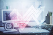 Blue arrow over woman's hands taking notes background. Concept of success. Double exposure