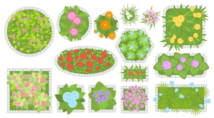 Wall Mural - Vector set. Flower beds. Top view. Collection of different flower beds for architectural and landscape design. (View from above) Nature green spaces.