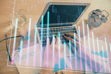 Poster - Multi exposure of forex graph with man working on computer on background. Concept of market analysis.