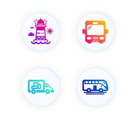 Poster - truck transport, lighthouse and bus icons simple set. button with halftone dots. bus tour sign. deli