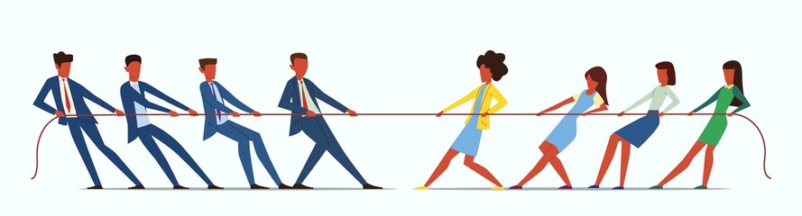 Wall Mural - Man vs Woman in Tug of War. Young people pulling rope, employees competition. Conflict in business team, businesswoman against businessman, battle concept flat vector illustration