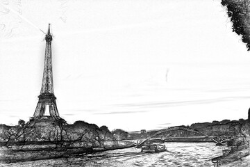 drawing style representing a glimpse of the Eiffel Tower in Paris