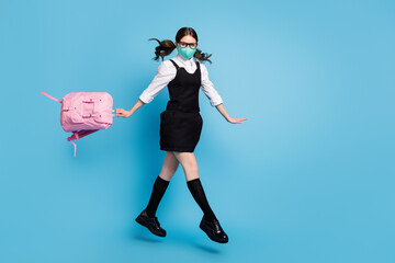 Sticker - Full body photo of charming high school student girl jump go walk hold rucksack wear white blouse black dress skirt long socks isolated over blue color background