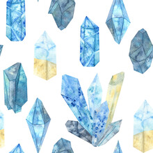 Watercolor Blue Crystals On A White Background.