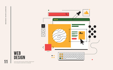 Web design concept. Interface elements and open browser windows on the monitor screen. Digital industry. Innovation and technology. Vector flat illustration.