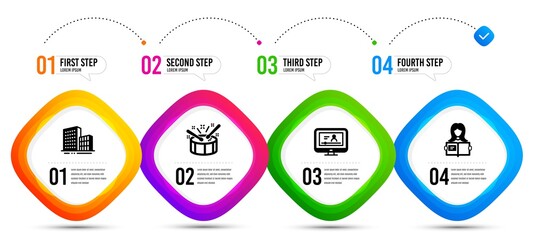 Poster - Woman read, Drums and Online video icons simple set. Timeline infographic. Buildings sign. Girl studying, Drumsticks, Video exam. City architecture. Business set. Vector