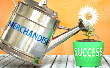 Merchandise helps achieve success - pictured as word Merchandise on a watering can to show that it makes success to grow and it is essential for profit in life, 3d illustration