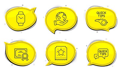 Poster - Smartwatch sign. Diploma certificate, save planet chat bubbles. Loyalty ticket, Tutorials and Quick tips line icons set. Bonus star, Quick tips, Helpful tricks. Digital time. Business set. Vector