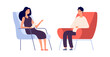 © MicroOne - Woman psychologist. Couple flat man woman sitting on chairs. Psychotherapy session or psychological consultation. Sad frustrated guy vector. Psychologist woman, psychiatrist and patient illustration