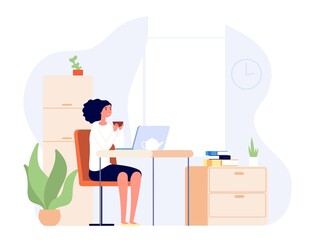 Canvas Print - Girl sitting home. Woman at desk watching video on laptop and drinking tea. Student learning online or distance lessons, freelance job. Female has domestic relax after work vector illustration