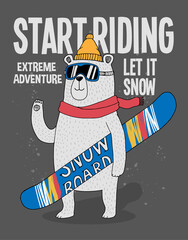 Wall Mural - Cool snowboarder bear with a snowboard and slogan text. For t-shirt prints, posters and other uses.