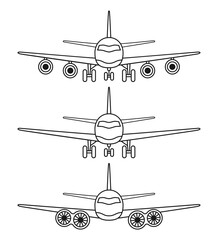 Line art black and white 3 airplane front view set