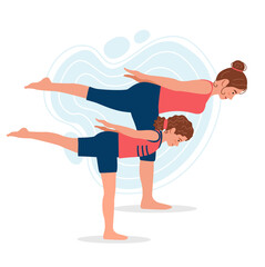 Wall Mural - Mother and daughter practicing yoga together. Yoga with mom. Concept illustration for yoga, meditation, relax and healthy lifestyle. Vector illustration in flat cartoon style.