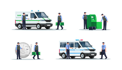 Wall Mural - Bank security work semi flat RGB color vector illustration set. Guards in bulletproof vests. Police officers for money protection isolated cartoon character on white background collection