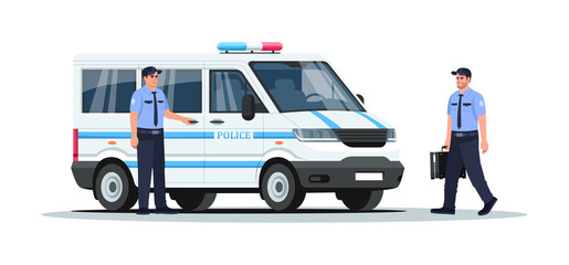 Poster - Police truck with guards semi flat RGB color vector illustration. Armored vehicle for enforcement. Van for emergency patrol. Police man isolated cartoon character on white background