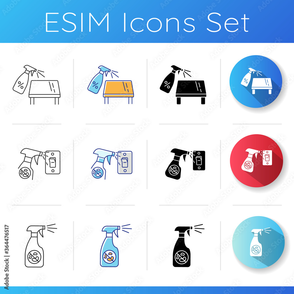 Disinfection icons set. Linear, black and RGB color styles. Surface ...