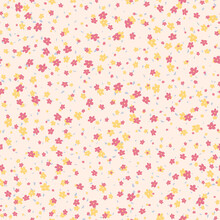 Vector Seamless Pattern With Small Pretty Pink And Yellow Flowers On Beige Backdrop. Liberty Style Millefleurs. Simple Floral Background. Elegant Ditsy Ornament. Repeat Minimal Design For Wallpapers