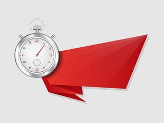Poster - Stopwatch with banner. Red ribbon template with clock symbol for creative advertising.