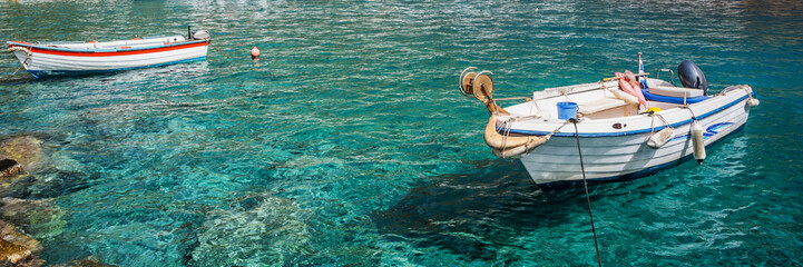 Wall Mural - panorama of fishing boats on clear water in crete, greece