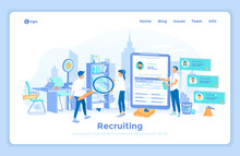 Recruitment, Human Resources. Analyzing Personnel Resume. Vacant Workplace. HR Managers Choosing Candidates For Job. Landing Web Page Template Decorated With People.