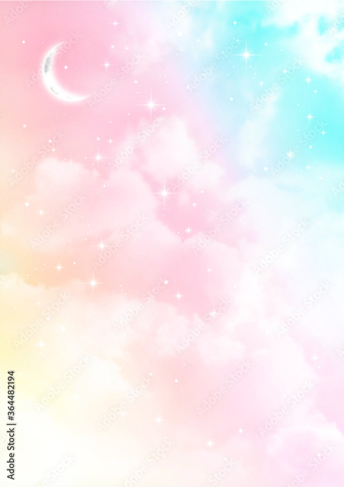 三日月と星とふわふわの雲 カラフルなパステルカラーの背景素材 Stock