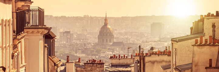 Fototapete - Panorama of Paris, view on Dome des Invalides from the hill of Montmartre, in Paris France