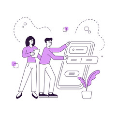 Poster - Modern couple using application on smartphone together