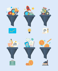 Poster - Funnel sales. Money generation symbol business marketing concept illustration of commerce icons filter funnel vector flat pictures. Marketing money funnel, conversion generation customer illustration