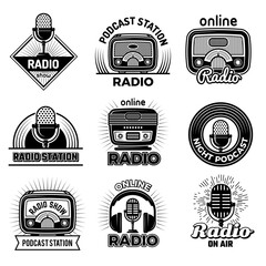 Wall Mural - Radio badges. Music talking podcast air streaming show radio logos emblem with headset and microphones vector illustrations. Microphone record and broadcast radio emblem