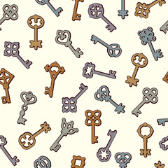 Poster - Keys pattern. Safety symbols key collection in victorian style vector seamless background. Symbol safety wrapping backdrop, old-fashioned seamless pattern illustration