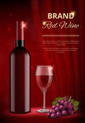 Sticker - Wine ads. Alcohol promo advertizing placard with red bottles and liquid wine splashes with drops vector realistic template. Red drink alcohol, wine bottle beverage poster illustration