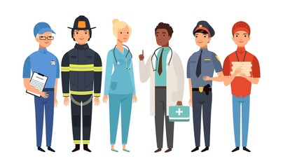 Sticker - Essential workers. Isolated frontliners group, people working on virus pandemic. Doctor policeman fireman postman delivery boy vector set. People illustration in uniform, healthcare employment safety