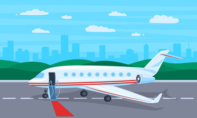 Wall Mural - Cartoon Color Business Jet Concept Flat Design Style. Vector