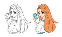 Pretty Cartoon Girl With Long Red Hair Taking Selfie