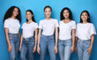 © Prostock-studio - Five Model Girls Smiling To Camera Posing Over Blue Background