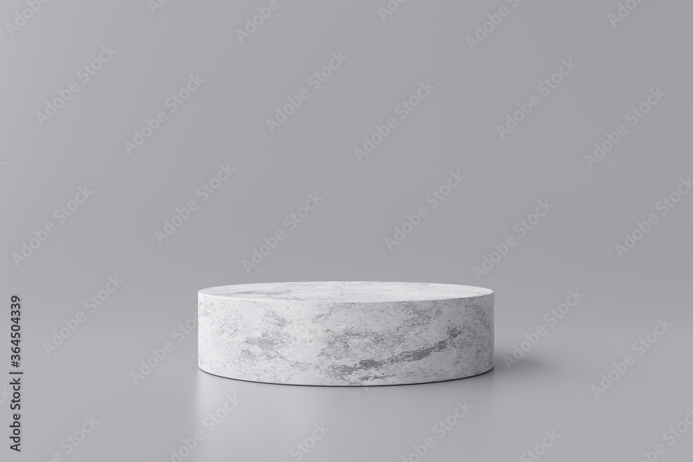 White marble product display on gray background with modern backdrops studio. Empty pedestal or podium platform. 3D Rendering. - obrazy, fototapety, plakaty 