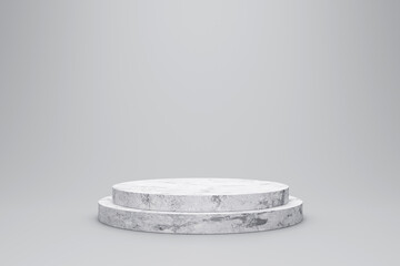 White marble product display on white background with modern backdrops studio. Empty pedestal or podium platform. 3D Rendering.