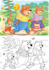 Wall Mural - Goldilocks and the three bears. Fairy tale.  One picture from series. Coloring book. Educational book. Illustration for children. Cute and funny cartoon characters
