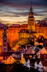 Wall Mural - A magnificent sunset over the city Cesky Krumov in Czech republic. 