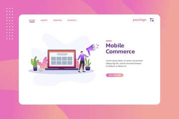 Fototapete - Mobile commerce Website template design. Modern vector illustration concept of web page design for website and mobile website development. Easy to edit and customize.