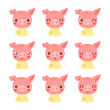 Set of pretty little animal emoji avatars. Cute baby pig emoticon heads with different faces: happy, sad, laugh, cry, funny, angry. Vector illustration for baby card, poster and invitation.