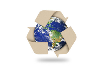 Environment concept. globes and recycle icon isolated on white background. Elements of this image furnished by NASA