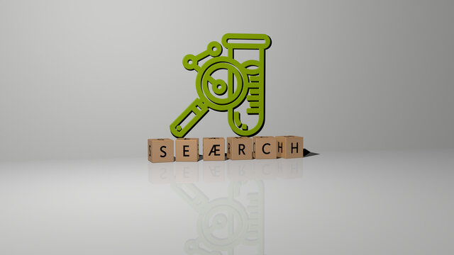3D illustration of SEARCH graphics and text made by metallic dice letters for the related meanings of the concept and presentations. icon and business
